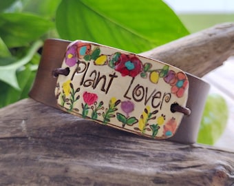 Handcrafted Plant Lover Ceramic Bracelet with Leather Wristband