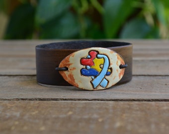 Autism Awareness Leather Bracelet: Puzzle Piece Ribbon