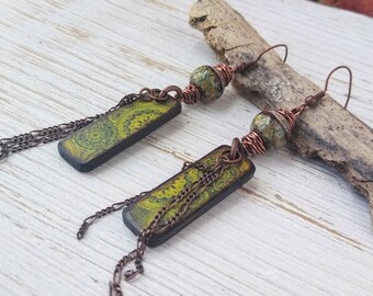 Green Boho Earrings, Mandala Earrings, Bohemian Wood Earrings