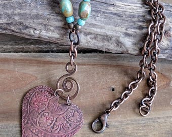 Copper Heart Necklace: Genuine Turquoise, Rustic Boho Pendant, Valentine's Day Gift