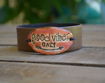 Good Vibes Only Adjustable Bracelet – Rustic Leather Boho Gift