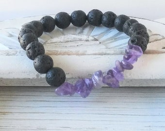Amethyst Bracelet, Raw Gemstone Jewelry, Lava Rock Diffuser Bracelet, Wearable Diffusers, Aromatherapy Jewelry, February Birthday Gift