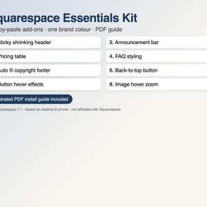 Zestaw wtyczek Squarespace 7.1 | 8 dodatków do kopiowania i wklejania kodu | Stały nagłówek, pasek ogłoszeń, tabela cen, stopka informująca o prawach autorskich