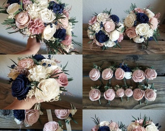 Custom Bouquet Cascade Wild Dusty Desert Rose Navy Sola Wood and Dried Flowers Greenery Eucalyptus Wedding Bridal Bridesmaid Gift Style 467