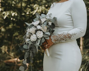 Custom Bouquet White Ivory Sola Wood and Faux Greenery Preserved Eucalyptus  Wedding Set Bridal Bridesmaid Boutonniere Peony Rose Style 719