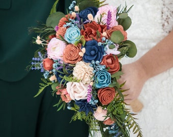 Custom Bouquet Pink Rust Burnt Orange Slate Dusty Blue Navy Terracotta Blush Sola Wood Dried Flowers Greenery Eucalyptus Wedding Style 718