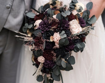 Custom Bouquet Moody Dark Black Wine Blush Plum Burgundy Sola Wood Dried Flowers Preserved Greenery Eucalyptus Fall Winter Wedding Style 381