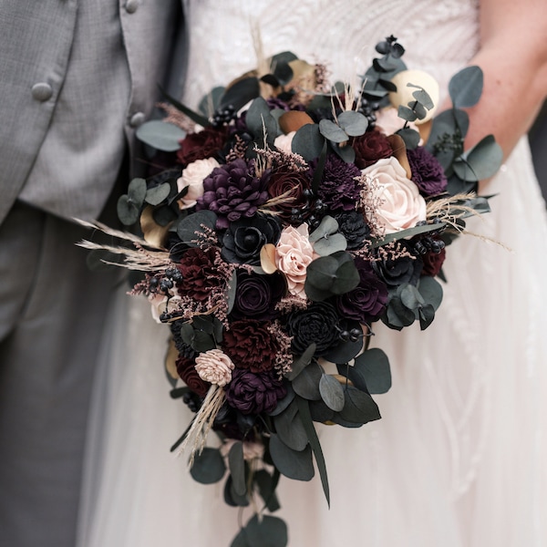 Custom Bouquet Moody Dark Black Wine Blush Plum Burgundy Sola Wood Dried Flowers Preserved Greenery Eucalyptus Fall Winter Wedding Style 381