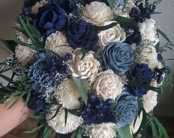 Custom Bouquet Cascade Slate Dusty Steel Blue Navy Sola Wood and Dried Flowers Greenery Eucalyptus Wedding Bridal Bridesmaid Gift Style 467