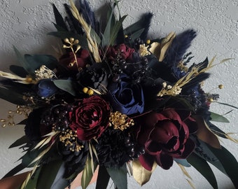 Custom Bouquet Moody Gold Dark Black Wine Burgundy Navy Sola Wood Dried Flowers Preserved Greenery Eucalyptus Wedding Style 725