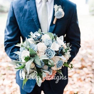 Custom Bridal Bouquet Navy Sage Dusty Slate Steel Blue Sola Wood and dried Flower Stella Designs Shop Style 43 Bridesmaids Set Cascade Wild