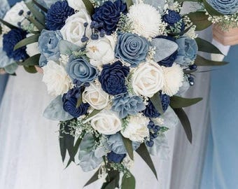 Custom Bouquet Slate Dusty Steel Blue Navy Sola Wood and Dried Flowers Greenery Eucalyptus Wedding Bridal Bridesmaid Gift Style 180