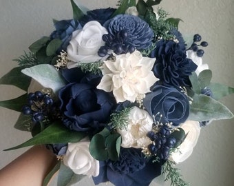 Custom Bouquet Cascade White Navy Steel Dusty Blue Sola Wood and Dried Flowers Faux Greenery Eucalyptus Wedding Bridal Bridesmaid Style 105