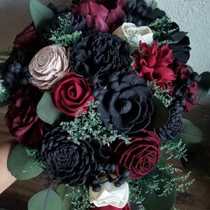 Custom Bouquet Black Burgundy Red Wine Blush Sola Wood Dried Flowers Preserved Silver Dollar Green Eucalyptus Moody Dark Wedding Style 368