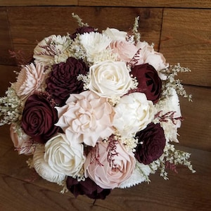 Custom Bouquet Burgundy Wine Blush Sola Wood Flower Dried Flowers Wedding Bridal Bridesmaids Toss Flower Girl Stella Designs Style 79