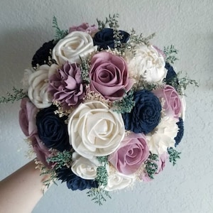 Custom Bouquet Mauve Navy Sola Wood Flower Wedding Bridal Bridesmaids Toss Style 309Last Forever