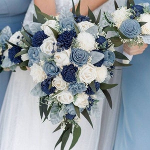 Custom Bouquet Cascade Slate Dusty Steel Blue Navy Sola Wood and Dried Flowers Greenery Eucalyptus Wedding Bridal Bridesmaid Gift Style 180