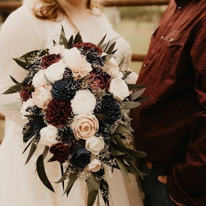 Custom Bouquet Cascade Burgundy Blush Wine Navy Sola Wood and Dried Flowers Greenery Eucalyptus Wedding Bridal Bridesmaid Gift Style 211