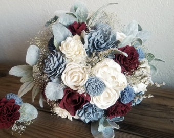 Custom Wedding Set Ivory Dusty Blue Burgundy Red Sage Bridal Bouquet Sola Wood flowers Dried Preserved Greenery Boutonniere Style 114