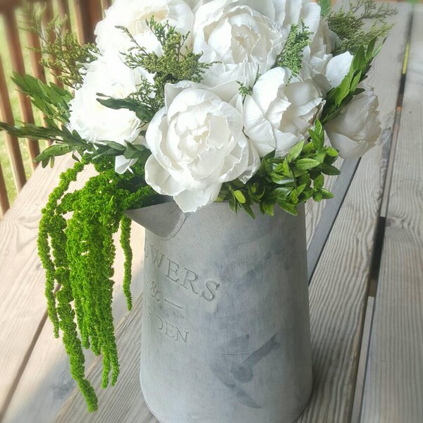Ready to Ship Sola Flowers Peonies dried Greenery in Galvanized French Pitcher Farmhouse Rustic Fall Home Wedding Decor