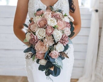 Custom Bouquet Blush Dusty Rose Sola Wood Rose Gold and Greenery Eucalyptus Spring Summer Wedding Set Bridal Bridesmaid Rose Peony Style 712