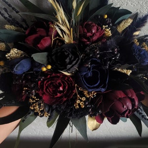 Custom Bouquet Moody Gold Dark Black Wine Burgundy Navy Sola Wood Dried Flowers Preserved Greenery Eucalyptus Wedding Style 725 image 3