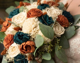 Custom Color Wedding Bouquet Burnt Orange Teal Sola Wood Dried Flowers Faux Green Eucalyptus Fern Boho Moody Fall Bridal Style 706