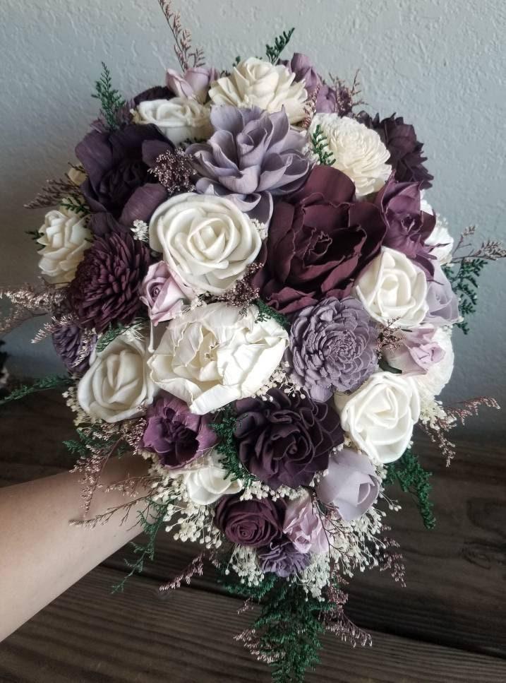Custom Bouquet Plum Wine Wisteria Lavender Blush Sola Wood and Dried Flowers Greenery Wedding Bridal Bridesmaid Gift Style 389 Last Forever