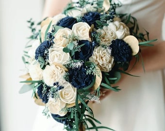 Custom Cascade Bouquet Bridal Navy Blue Champagne Sola Wood and dried Flowers Bridesmaids Set Boho Rustic Wildflower Style 715