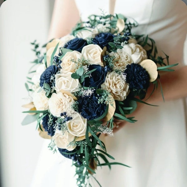 Custom Cascade Bouquet Bridal Navy Blue Champagne Sola Wood and dried Flowers Bridesmaids Set Boho Rustic Wildflower Style 715