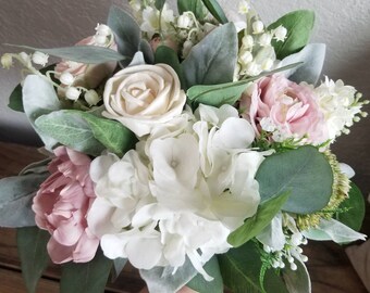 Custom Bouquet Blush Dusty Rose Pink Sola Wood and Faux Greenery Eucalyptus Spring Wedding Set Bridal Bridesmaid  Peony Hydrangea Style 422