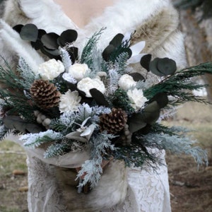 Custom Bouquet Winter White Ivory Sola Wood and Dried Flowers Faux Greenery Pinecone Cedar Evergreen Boho Wedding Bridal Bridesmaid Style 40