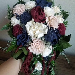 Custom Bouquet Cascade Burgundy Wine Navy Blush Sola Wood and Dried Flowers Greenery Eucalyptus Wedding Bridal Bridesmaid Gift Style 115