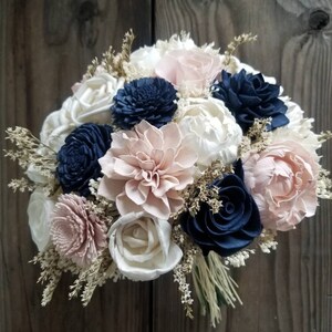 Custom Navy Blush Sola Wood Flower Bouquet and dried Flowers Stella Designs Style 186Last Forever