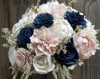 Custom Navy Blush Sola Wood Flower Bouquet and dried Flowers Stella Designs Style 186Last Forever