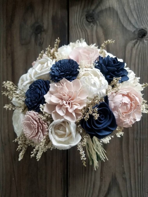 Custom Navy Blush Sola Wood Flower Bouquet and dried Flowers Stella Designs Style 186 Il_570xn