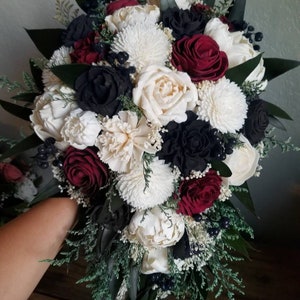 Custom Bouquet Cascade Red Black Ivory Sola Wood and Dried Flowers Greenery Eucalyptus Wedding Bridal Bridesmaid Gift Apple Moody Style 88