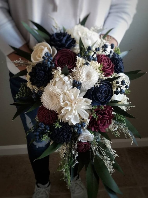Custom Bouquet Cascade Burgundy Wine Navy Sola Wood and Dried Flowers Greenery Eucalyptus Wedding Bridal Bridesmaid Gift Style 208 Il_570xn