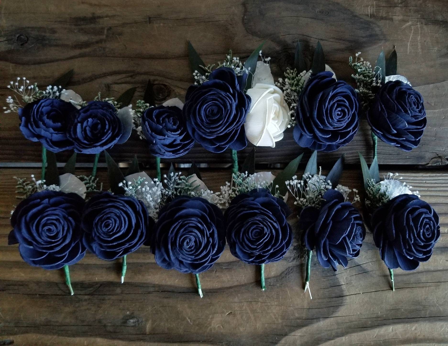 Champagne and Navy Blue Roses With Silver Dollar Eucalyptus Rustic Chic  Wedding Bouquet, Corsage, Boutonniere Flower Crown 