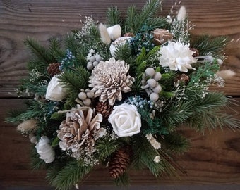 Custom Bouquet Winter Sola Wood and Dried Flowers Faux Greenery Pine cone Cedar Juniper Navy Grey Boho Wedding Bridal Bridesmaid Style 46