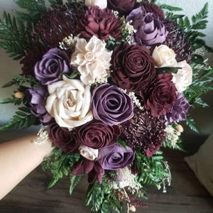 Custom Bouquet Wine Lavender Purple Peach Blush Sola Wood Dried Flowers Fern Greenery Fall Spring Summer Wedding Cascade Style 366 image 1