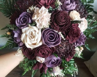 Custom Bouquet Wine Lavender Purple Peach Blush Sola Wood Dried Flowers Fern Greenery Fall Spring Summer Wedding Cascade Style 366