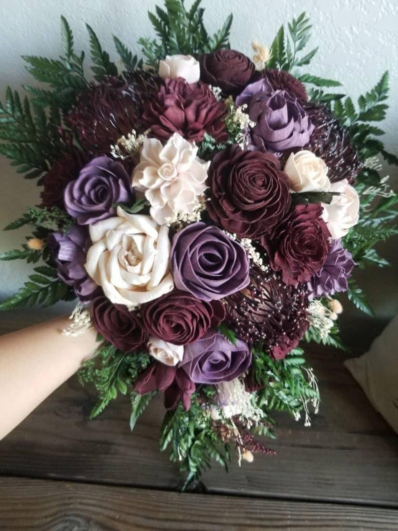 Custom Bouquet Wine Lavender Purple Peach Blush Sola Wood Dried Flowers Fern Greenery Fall Spring Summer Wedding Cascade Style 366 image 1