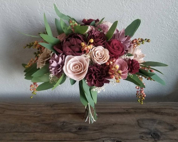 Custom Bouquet Wild Dusty Mauve Burgundy Wine Blush Rose Sola Wood and Dried Flowers Greenery Eucalyptus Wedding Set Bridal Style 300 Il_570xn