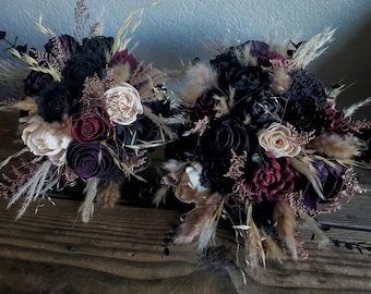 Custom Bouquet Moody Dark Black Wine Blush Plum Burgundy Sola Wood Dried Flowers Preserved Greenery Pampas Fall Winter Wedding Style 789