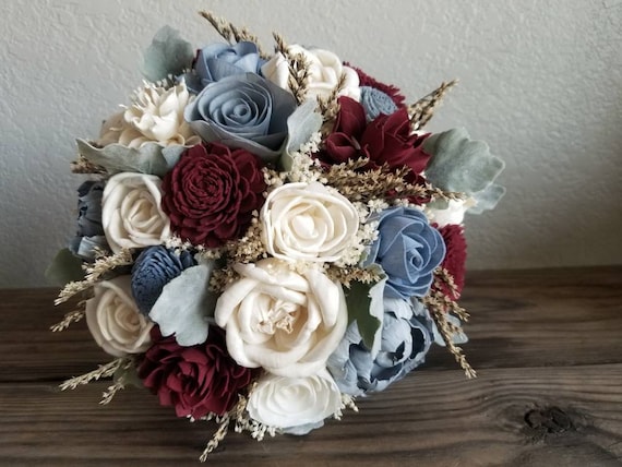 Custom Bouquet Steel Dusty Blue Burgundy Sola Wood and Dried Flowers Wedding Set Bridal Bridesmaids Toss Flower Girl Style 195 Il_570xn