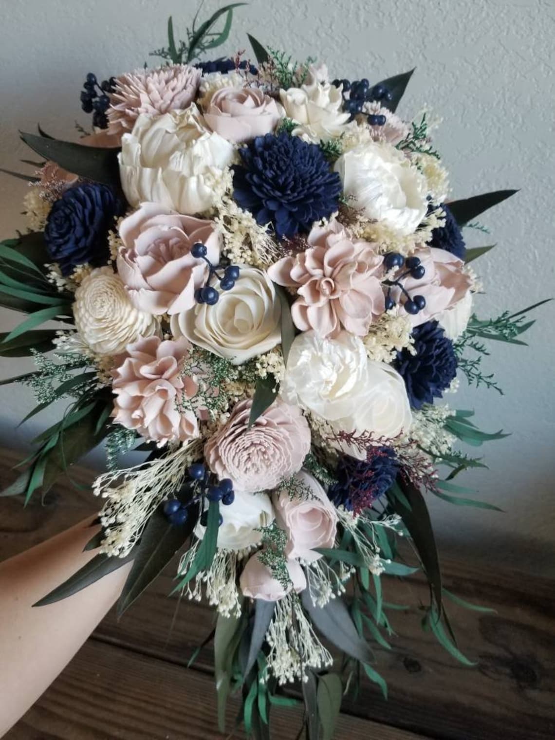 Custom Bouquet Cascade Blush Pink Navy Blue Sola Wood and image 1