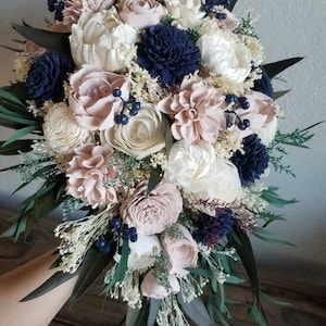 Custom Bouquet Cascade Blush Pink Navy Blue Sola Wood and Dried Flowers Greenery Eucalyptus Wedding Bridal Bridesmaid Gift Style 375