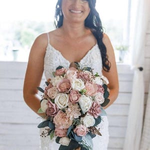 Custom Bouquet Blush Dusty Rose Sola Wood Rose Gold and Greenery Eucalyptus Spring Summer Wedding Set Bridal Bridesmaid Rose Peony Style 712
