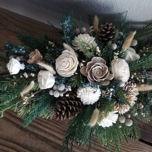 Custom Bouquet Winter Sola Wood and Dried Flowers Faux Greenery Pine cone Cedar Juniper Dusty blue Boho Wedding Bridal Bridesmaid Style 406